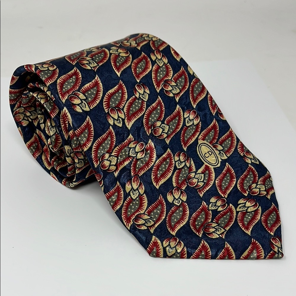 CHRISTIAN DIOR Monsieur Navy Blue Leaf Patterned Tie MADE IN USA